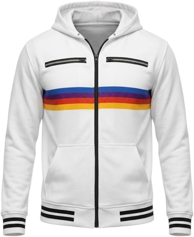Project Hail Ryland Grace Jacket - Movie Inspired Rainbow Stripe White Fleece Zip Up Hoodie Cosplay Outerwear