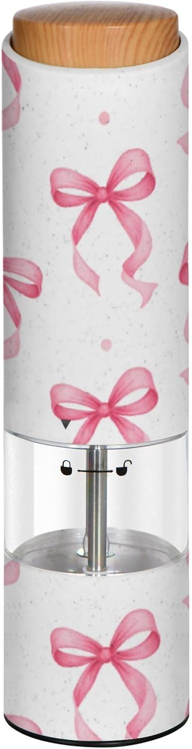 ALAZA Electric Pepper Grinder with Adjustable Coarseness, Pink Ribbon Bow Dots Pattern Battery Automatic Salt and Pepper Mill with Led, One-Handed Operation Spice Grinder for Kitchen, Camping & BBQ