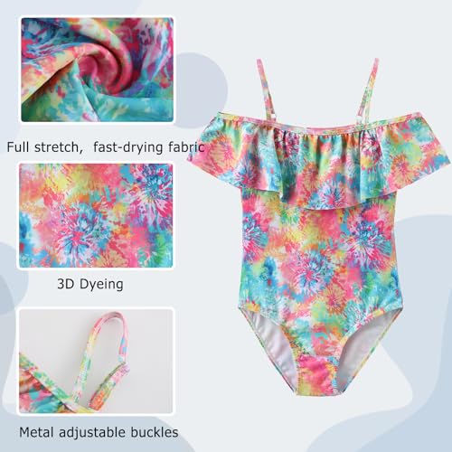 Image of Girls One Piece Swimsuits Off Shoulder Bathing Suit Kids Hawaiian Floral Swimwear 3-16 Years