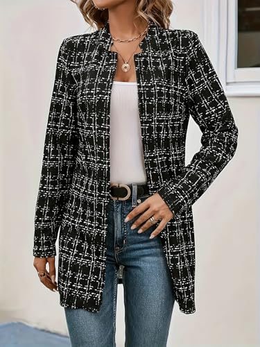 ebossy Women's Casual Slim Notched Plaid Tweed Blazer Elegant Open Front Long Sleeve Thigh Length Jacket Dress Coat2