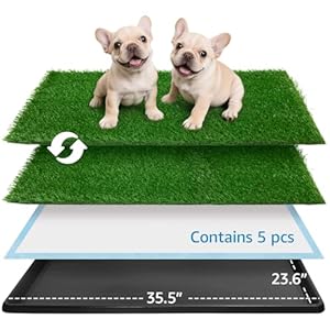 Dog Grass Pad with Tray,35.5” x 23.6” Indoor Dog Potty System 2 Pics Replacement Artificial Grass Mats-5 Pics Disposable Puppy Pads,for Puppy Training Apartment,Balcony and Apartment Use