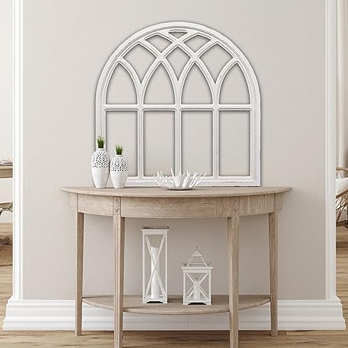 Sintosin Farmhouse Large White Arched Window Frame Wall Decor 32 Inch Tall, Hanging Distressed Finish Wooden Rustic Cathedral Window Pane Wall Decor Living Room Entryway Hallway Christmas Halloween