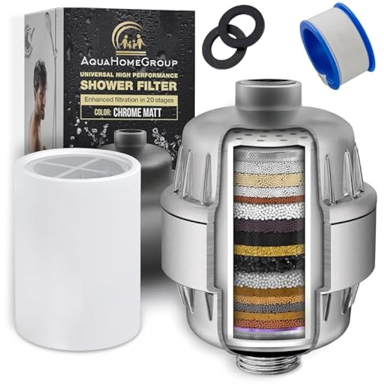 AquaHomeGroup 20 Stage Shower Filter with Vitamin C and E - Reduces Chlorine, Heavy Metals and Sediment - 2 Cartridges Included - High Pressure - Matte Chrome