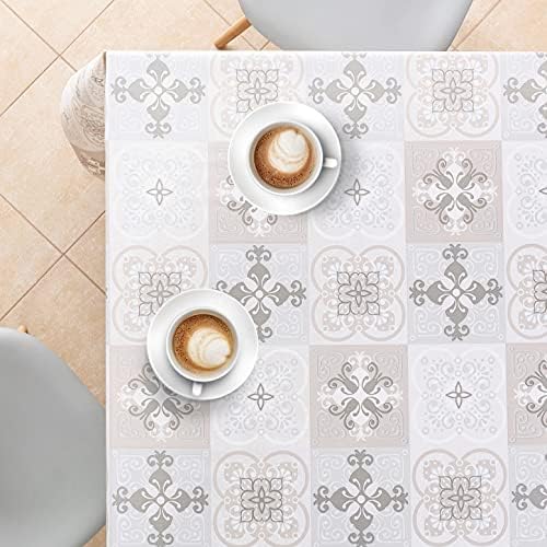 KP HOME Lisbon Tiles Moroccan Pattern Vinyl Table Cloth Wipe Clean Rectangle 200x140cm | 78x55in Up To 6 Seats - Wipeable Tablecloth Waterproof Plastic PVC Table Cover - Mosaic Wax In Grey With Beige