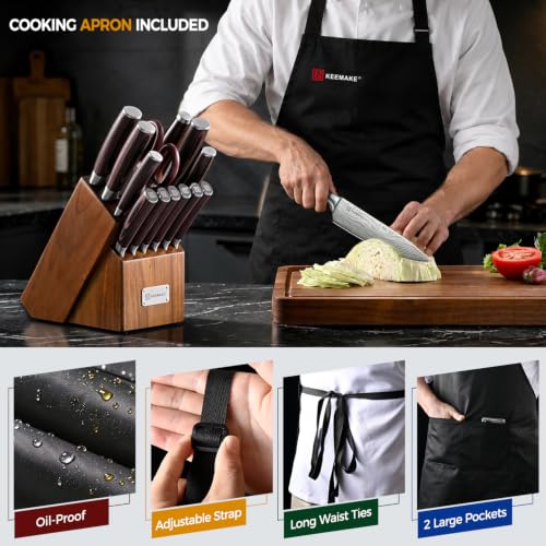 Knife Set, 15 Pieces Knife Block Set w/ Kitchen Apron and Sharpener - Image 4