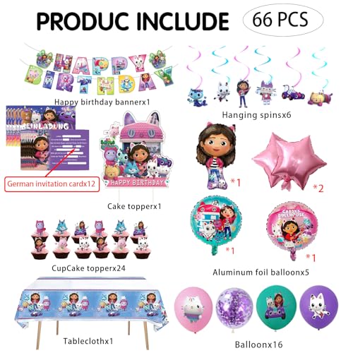 Cartoon themed Mädchen Geburtstag Deko, 66 Stück Kinder Tortendeko Geburtstag set, Enthält banner, Cupcake Topper, Einladungskart, Swirl Decoration, Rosa Latexballon, Tischdecke, Folienballon