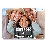 Blech-Schild mit Foto und Text selbst gestalten/Personalisierbar mit eigenem Bild als Metall-Poster / A5 (15x20cm) im Querformat/Weiss