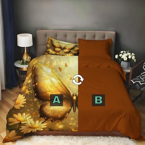Linge de lit réversible or papillon 220x240cm en microfibre premium