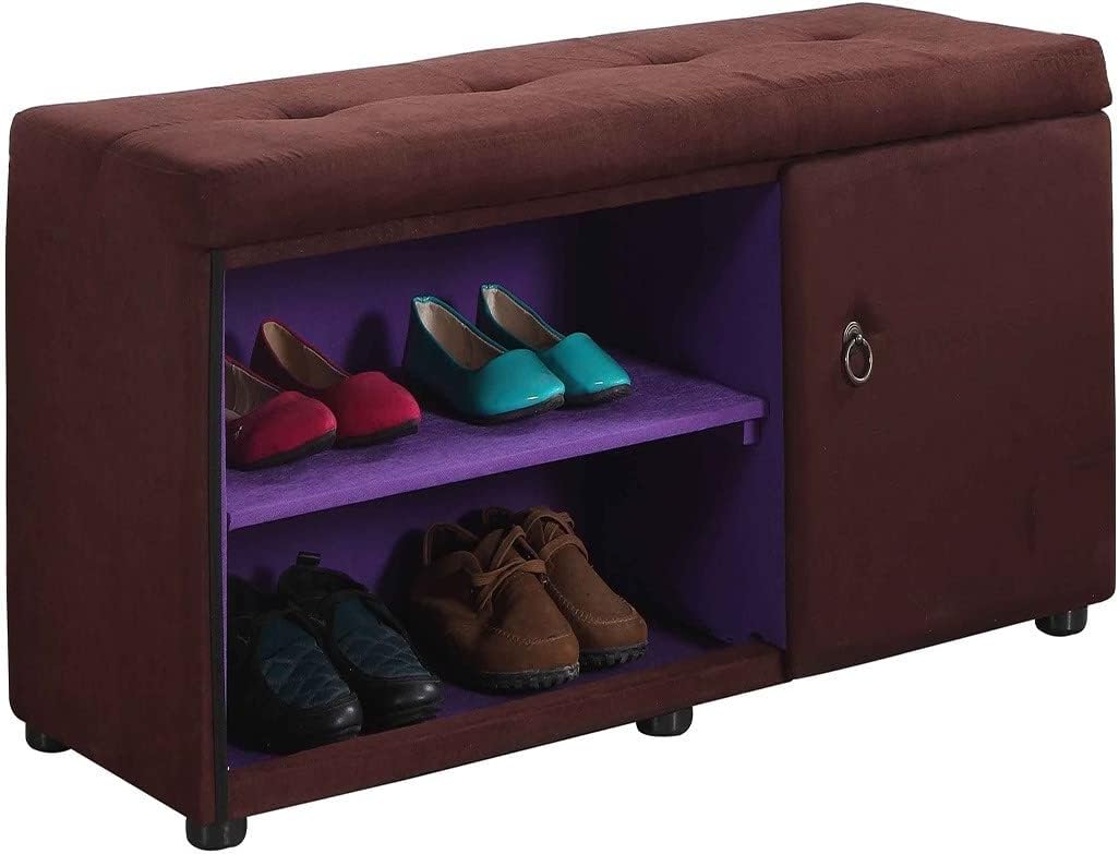 HomeRoots Wood, Polyurethane Foam: 97%, Polyester Fabric: 3% Brown and Purple Tufted Shoe Storage Bench
