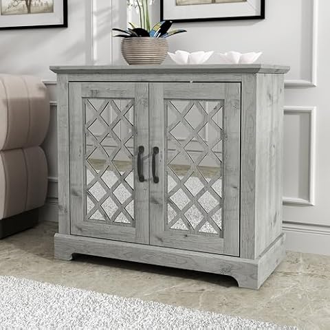 Galano Millicent 2 Door Sideboard, Buffet Cabinet with Acrylic Mirror Doors, 15.7" D x 32.4" W x 29.3" H, Mexican Grey Cover