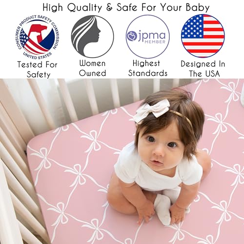 Image of Sweet Jojo Designs 2-Piece Baby Crib Sheets Set (Pink and White Bows) for Girls, Infant Nursery, Toddler Room - Fitted, Standard Size (Blush Bow for Shabby Chic, Ballet, Ballerina Princess Collection)