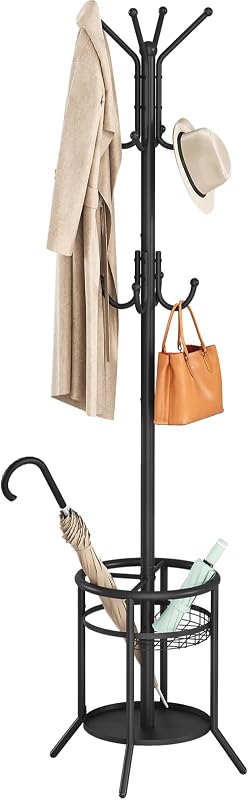 Coat Rack Freestanding, Metal Coat Rack with Umbrella Holder | 12 Hooks, Round Base, Heavy Duty Floor Standing Coat Tree for Entryway, Hallway, Living Room, Bedroom, Office, Black