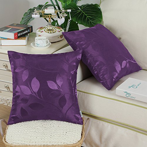 Calitime Pack Of 2 Throw Pillow Covers Cases For Couch Sofa Home Decor Shining & Dull Contrast Vibrant Growing Leaves 18 X 18 Inches Deep Purple #TOP3