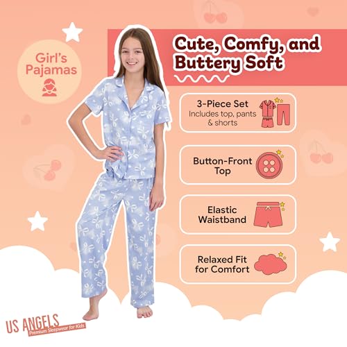 Image of US Angels Girls Pajama Set 3 Piece, Short Sleeve Button Down PJs with Shorts & Pants, Soft Sleepwear Girls & Tweens Size 5-16