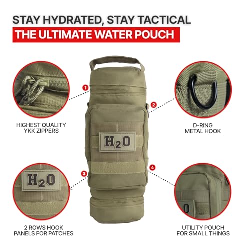 Orca Tactical Molle Water Bottle Pouch - Molle Water Bottle Holder with Strap - Water Bottle Carrier with Multiple Storage Options (OD Green)