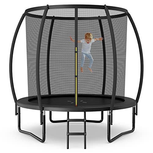 GYMAX 8FT 10FT 12FT ASTM Approved Recreational Trampoline With Enclosure, Ladder & Galvanized Steel Frame, Heavy Duty Anti-Rust Outdoor for Kids Youth Adults (Black, 8FT)