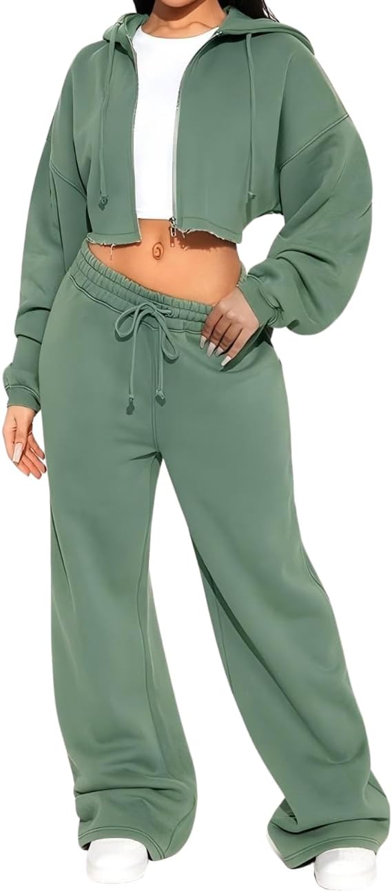 CONCINEROS Womens 2 Piece Outfits Sweatsuit Sets Crop Hoodies With Drawstring Sweatpants Tracksuit For Women