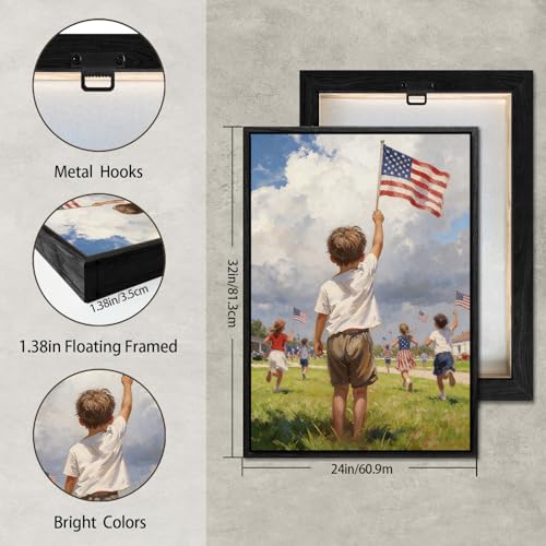 Image of American Flag Framed Canvas Wall Art, 4th of July Canvas Prints, Boy Holding USA Flag Patriotic Decorations, Modern Independence Day Wall Decor for Living Room Kids Room Dining Room Office 24x32