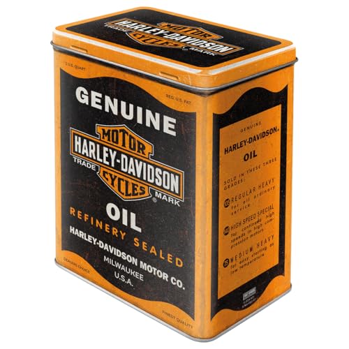 Nostalgic-Art Contenitori in latta retrò L, 3 l, Harley-Davidson – Genuine Oil – Idee regalo per biker, Official License Product (OLP), scatola grande da caffè, design vintage