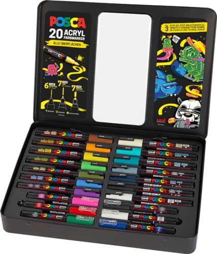 Faber-Castell uni-ball 186830 - Juego de rotuladores POSCA, estuche de 20, incl. instrucciones para 3 caracteres de graffiti