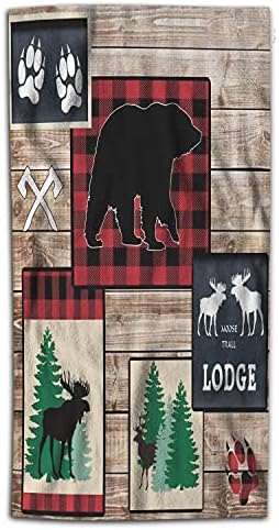 WONDERTIFY Animal Lodge Hand Towel Bear Moose Buffalo Plaid Band Deer Cabin Vintage Wooden Board Hand Towels for Bathroom, Hand & Face Washcloths 15X30 Inches