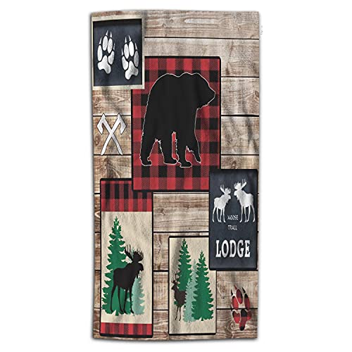 Wondertify Animal Lodge Hand Towel Bear Moose Buffalo Plaid Band Deer Cabin Vintage Wooden Board Hand Towels For Bathroom, Hand & Face Washcloths 15X30 Inches #TOP4