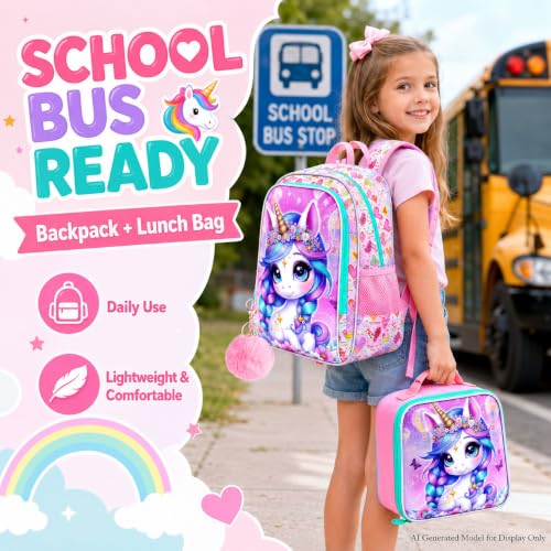 Image of WZLVO 3PCS Kids Backpack for Girls, Unicorn Dinosaur Animal Prechool Elementary Kindergarten School Bookbag with Lunch Box