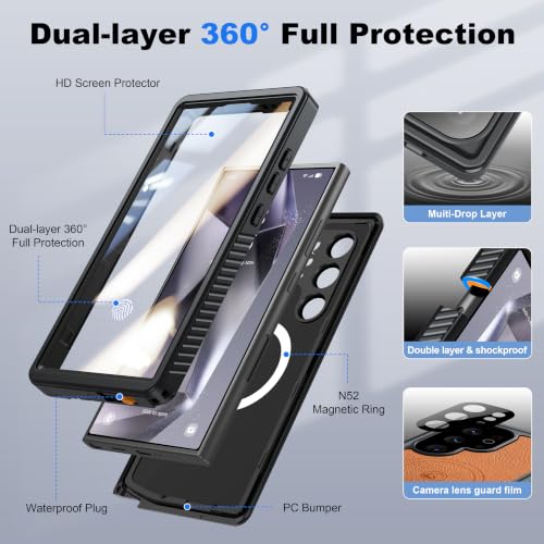 Image of ANTSHARE IP68 Waterproof Case for Samsung Galaxy S24 Ultra, Brown | Compatible with MagSafe, Built-in Screen /Lens Protector - Shockproof Full Body Protection, Back Leather for Swimming /Outdoor