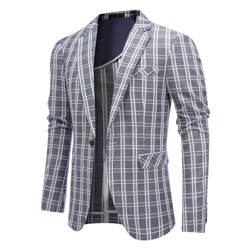 Mens Casual Checkered Suit Blazer Jacket Slim Fit 1 Button Plaid Lightweight Sport Coats