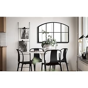 WAMIRRO Wide Window Pane Black MirrorFarmhouse Arched Wall MirrorGrid Mirror for FireplaceEntrywayHallwayLiving Room42X28 Black Wide Mirror