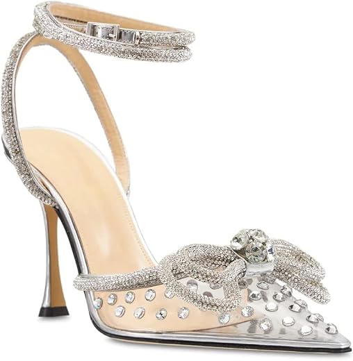 MissHeel Clear Rhinestone Ankle Strap Pumps Heels with Crystal Double Bows 3 inch, Clear, 10