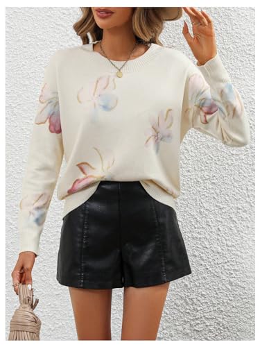 Image of BEAUDRM Women's Floral Pattern Sweaters Long Sleeve Round Neck Knitted Pullover Tops Beige Large