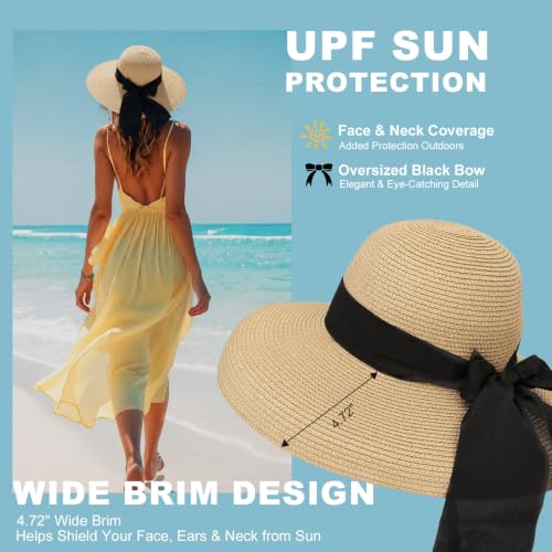 Image of Surblue Women's Beach Straw Hat, Wide Brim Sun Hat with Black Bow