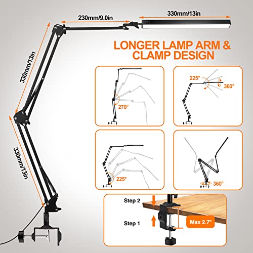 Noevsbig Led Desk Lamp, 50.7" Upgrade Long Swing Arm Desk Light, 24W 102 Led Architect Metal Table Lamp, 3 Color Modes 10 Brightness Levels, Eye-Caring, Memory Function Desk Lamps For Home Office #TOP4