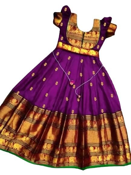 Image of Traditional Silk Kids Anarkali Dress - Purple & Gold Ethnic Wear for Special Occasions - 1PC