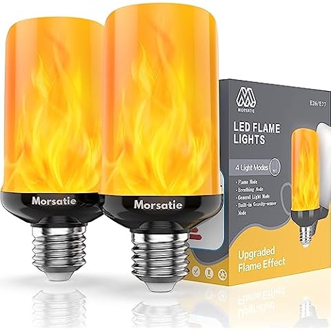 【Upgraded Flame】Morsatie LED Flame Light Bulbs, 4 Modes Flickering Light Bulbs with Gravity Sensor, E26 Fire Light Bulb for Halloween, Christmas, Party, Porch, Patio, Indoor Outdoor Decoration-2 Pack Cover