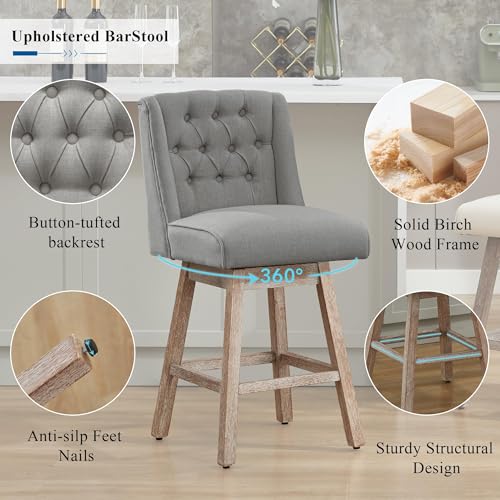 Image of Counter Height Bar Stools Set of 3, 360Swivel Bar Stools with Back and Wood Legs, 28.5 inch Morden Linen Fabric Upholstered Barstools for Kitchen Island Dining Room Bar