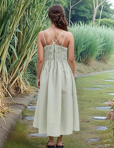 Image of Women's 2025 Summer Striped Smocked Maxi Dress Sleeveless Boho Sundress Double Strap Flowy Swing for Beach Vacation