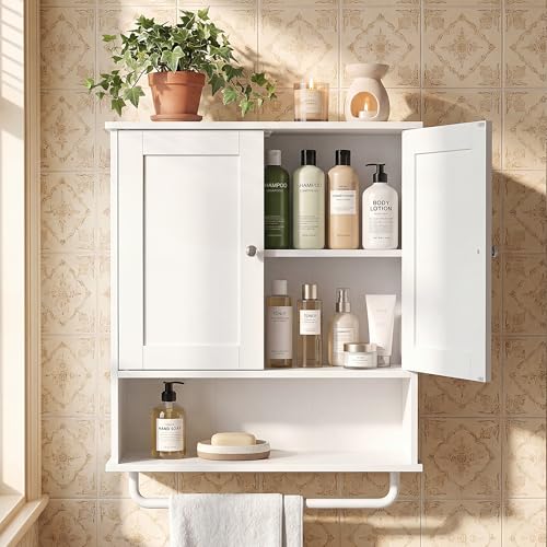 VASAGLE Siren Collection - Hanging Bathroom Cabinet with Towel Rod, Farmhouse Wall Storage Cabinet, with Adjustable Shelf, and Doors, 7.9 x 20 x 23.6 Inches, Cloud White UBBK149WB01S by VASAGLE - Used condition - CA$48.99