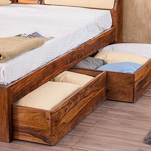 Image of Sheesham Wood Queen Size Bed with Headboard and 4 Drawer Storage | Wooden Double Bed Cot Palang Furniture for Bedroom Living Room Home - Honey Finish (1 Year Warranty)