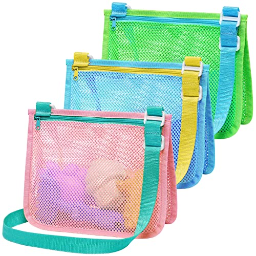 F-Color Beach Toy Kids Beach Bag Shell Collecting Bag, Mesh Beach Bag Seashell Bag Net Bag For Sea Sand Pool Swim Beach Shell Accessories Beach Gifts For Kids Girls Boys, 3 Packs (Green, Blue, Pink) #TOP25