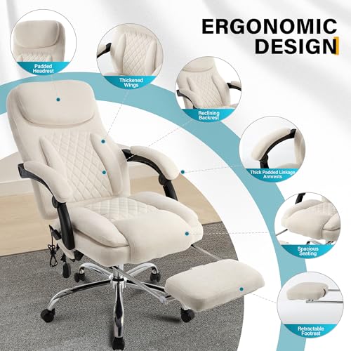Image of 6-Point Massage Office Chair with Heated, Ergonomic Office Chair with Footrest & 45Reclining High Back, Big and Tall Executive Office Chair 500LBS, Thick Cushion Desk Chair for Home Office, Beige