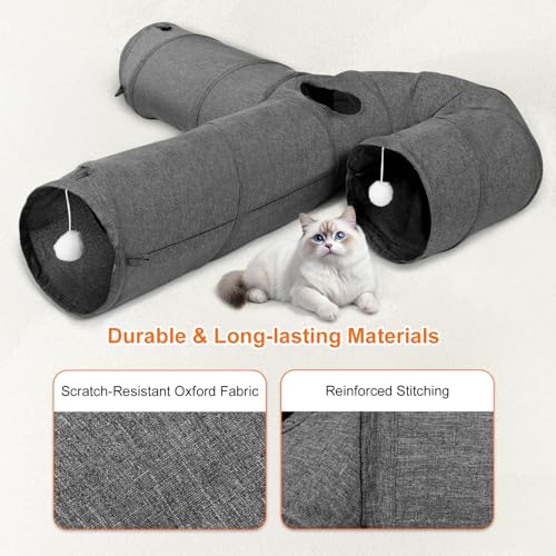 Image of Ownpets Cat Tunnel Large 3 Way Collapsible Cloth Pet Tunnel Tube with Plush Ball & Feather Toy, U-Shaped Cat Play Tunnel for Indoor Cat, Puppy, Kitty, Kitten, Rabbit(Gray)