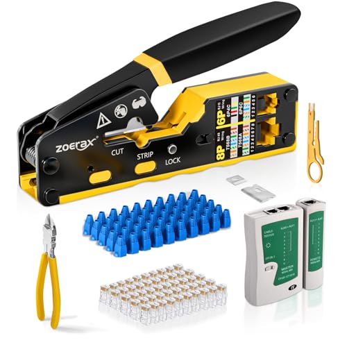 Image of Ethernet Crimping Tool Kit RJ45 Crimp Tools,CAT5 Cat5e Cat6 RJ45 Crimping Tool Kit With Cable Tester, Mini Stripper, Blades,50Pcs Cat 6 Pass Through Connectors and Strain Relief Boots