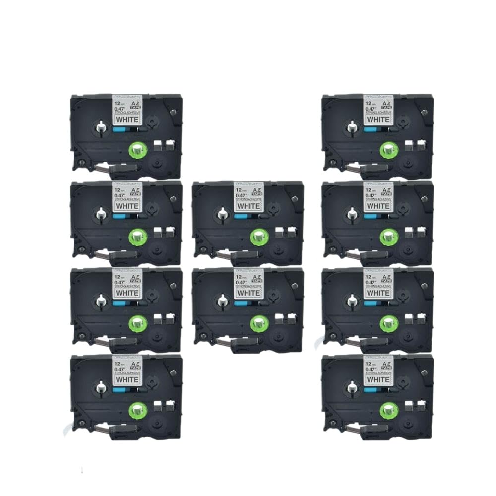 10 Rollos de Cinta Adhesiva Resistente, Negro sobre Blanco, 12mm, 8m, compatibles con Cintas para rotuladoras TZe-S231 Tz Tze S231