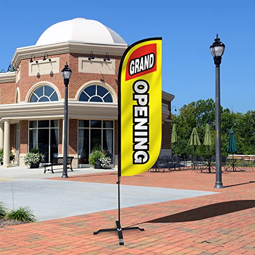 Image of LookOurWay Feather Flag Set - 5ft Tall Advertising Banner Flag with Pole Kit and X-Stand for Business Promotion - Grand Opening Yellow /Red