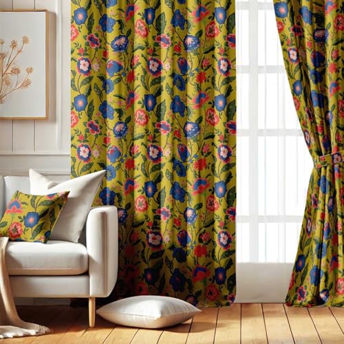 Vargottam Printed Blackout Curtains - Yellow Floral Design, Set of 2 Panels, 42 x 63 Inches - Room Darkening, Thermal Insulated Window/Door Drapes with Grommets
