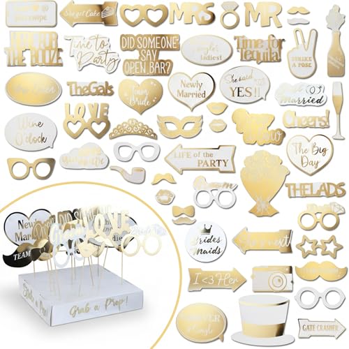 SOUL SHIFT 60PCs Fully Assembled Wedding Photo Booth Props - Prop Stand - Gold Signs - Elegant Wedding & Reception Party Supplies- Funny Wedding Props -Gold Foil Print – Bridal PhotoBooth
