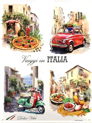 IETS19671RA DOLCE VITA Viaggi in ITALIA Voiture Auto Mini Italienne et Scooter Italien Plaque métal décorative rétro vintage Format 30 x 40 cm avec 4...
