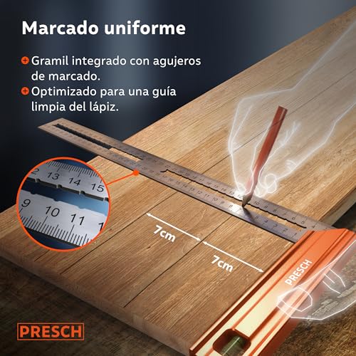Miniatura 5 de Presch Escuadra De Carpintero 400mm - Grande - Incluye Regla De Trazado 40cm , Nivel De Burbuja Y Punzón De Marcado - 90 Y 45 - Regla Carpintero, Escuadra Albañil